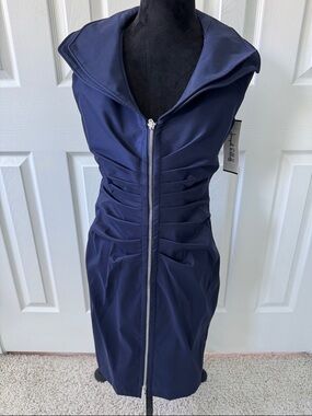 Joseph Ribkoff Navy Sailor-Collar Midi Dress with Silver Zip